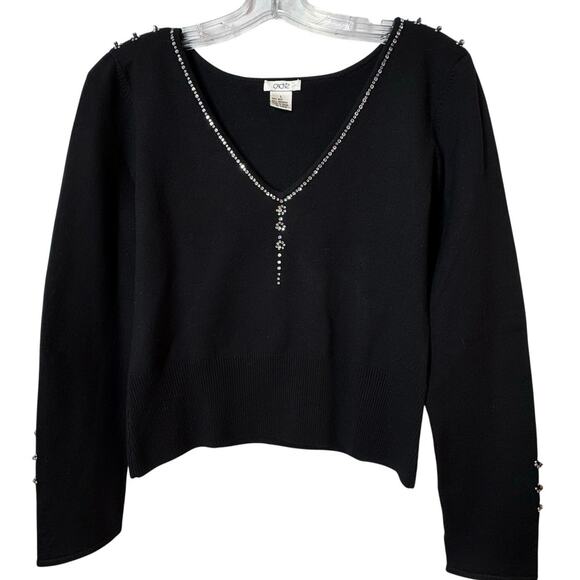 Cache Silk V-Neck Knit Top Rhinestone Trim in Black Large - Picture 1 of 6